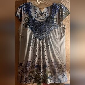 ONE WORLD Blue Printed Embellished Cap-Sleeve Tunic